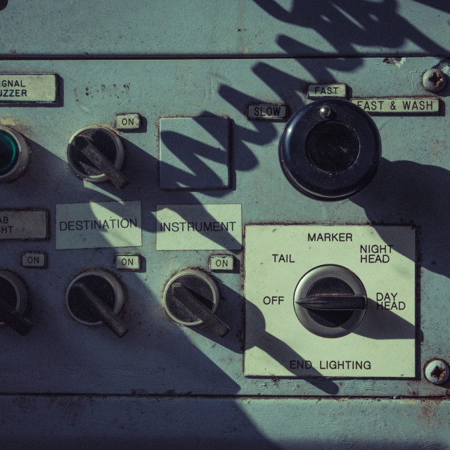 "Control panel from the driver's cabin of a Class 142 Pacer locomotive at the Whitrope Heritage Centre, Scotland" stock image