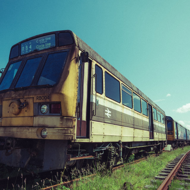 "A Prototype BRE-Leyland Railbus parked at the Whitrope Heritage Centre, Scotland" stock image