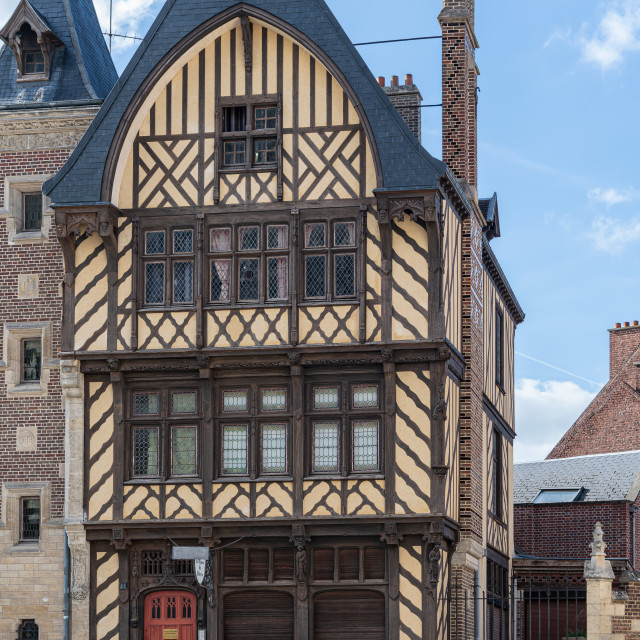 "Traditonal wooden Pilgrim's house in Place Notre Dame, Amiens, France" stock image