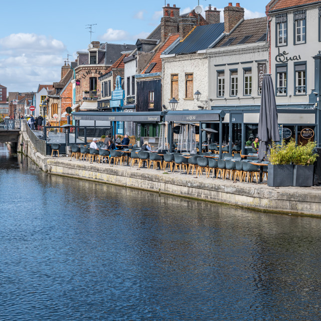 "The riverbank cafes by the River Somme, Amiens, France" stock image