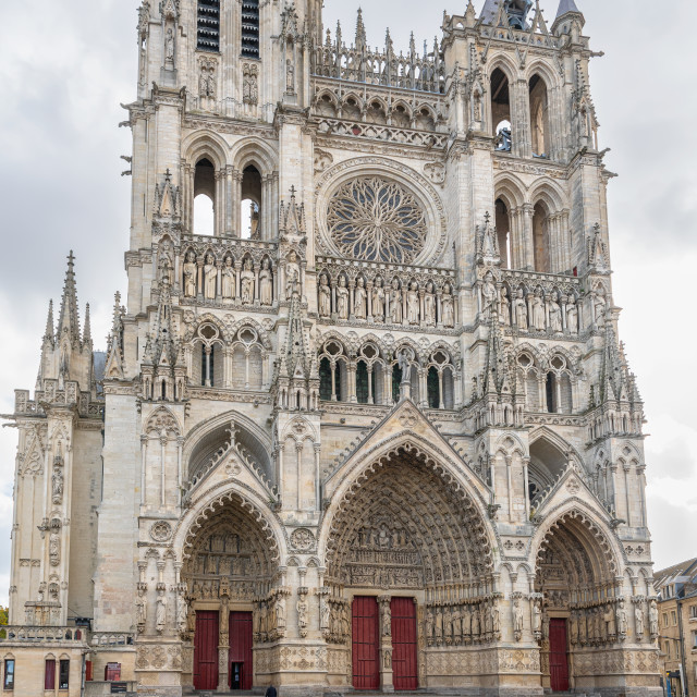 "The west portal front entrance of the Cathedral Basilica of Our Lady, Amiens, France" stock image