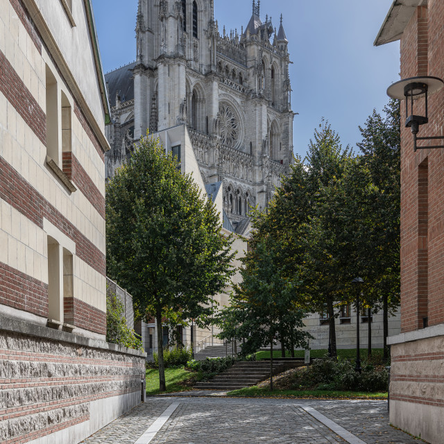 "The west portal front entrance of the Cathedral Basilica of Our Lady, Amiens, France" stock image