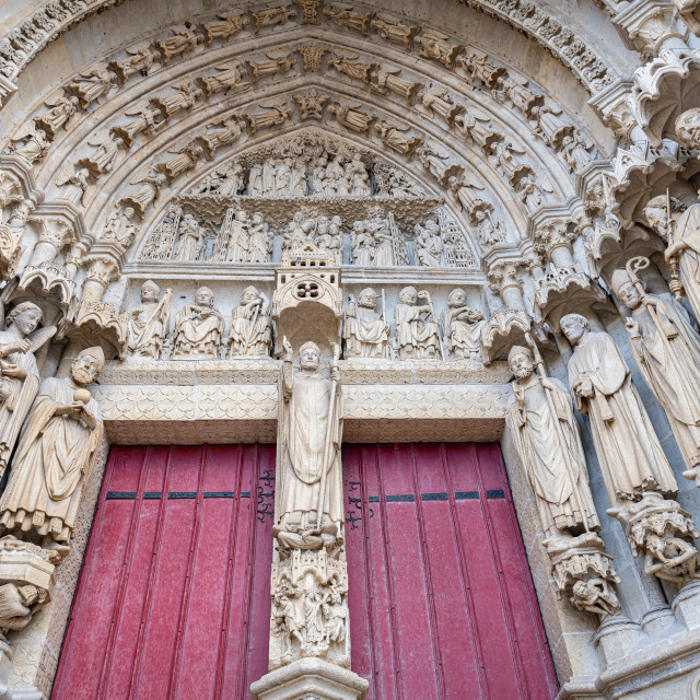 "Details of the west portal front entrance of the Cathedral Basilica of Our Lady, Amiens, France" stock image