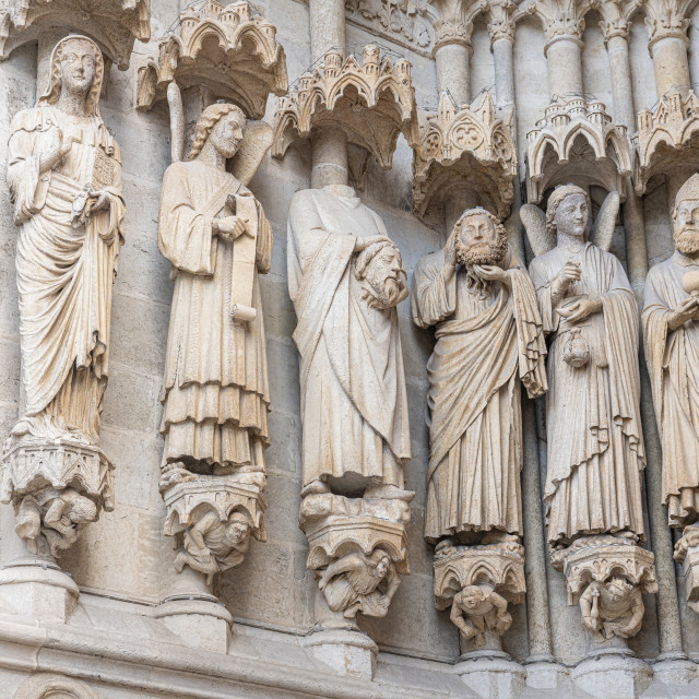 "Details of the west portal front entrance of the Cathedral Basilica of Our Lady, Amiens, France" stock image