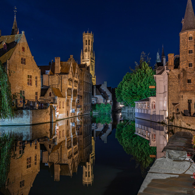 "Belfry of Bruges Reflection at Night" stock image