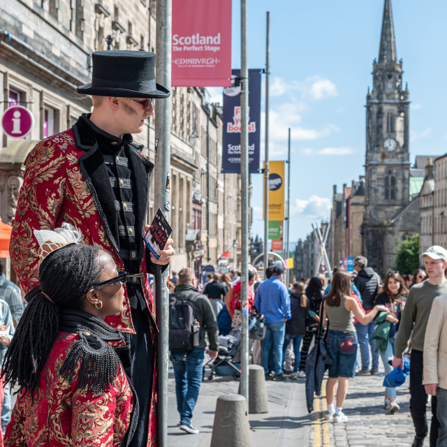 "dinburgh Fringe performers handing out advertising leaflets, Edinburgh, Scotland" stock image