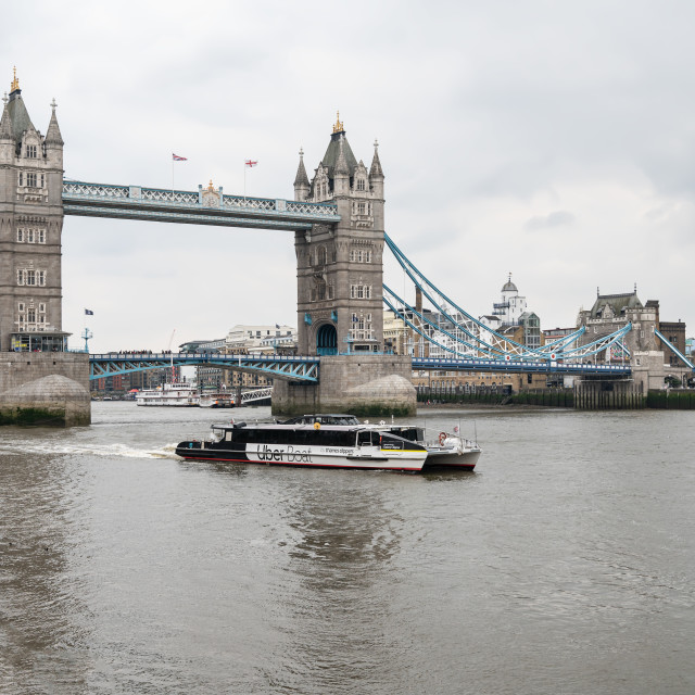 "Uber Sponsored Thames Clipper boat in front of Tower Bridge in East London, London, England" stock image