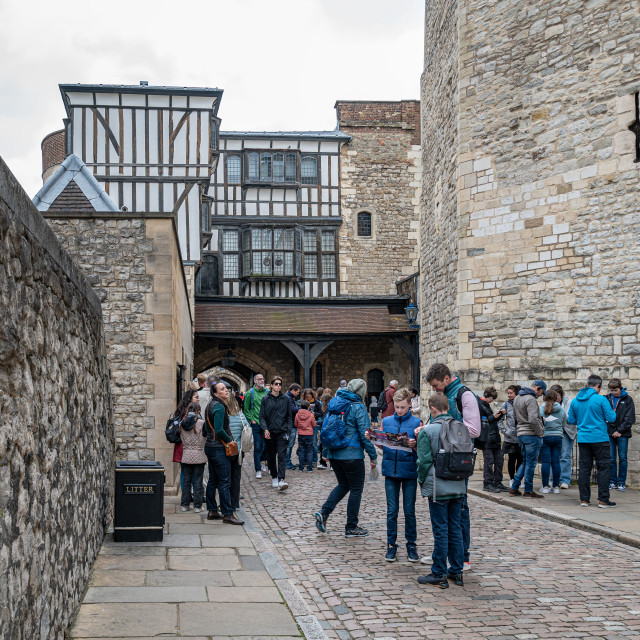 "Crowd of tourists at the entrance to the Tower of London, London, England" stock image