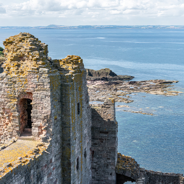 "The top of the wall of Tantallon Castle with the North East tower, North Berwick, East Lothian, Scotland" stock image