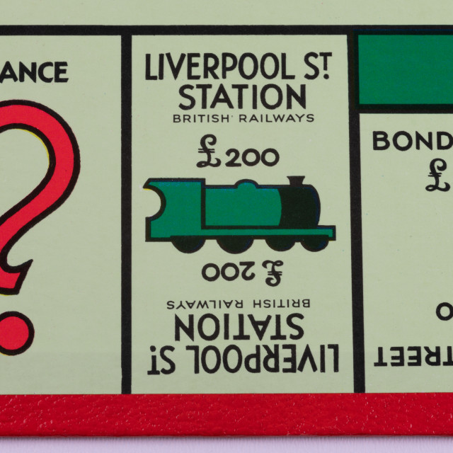 "The Liverpool Street Station square on a UK Monopoly Board" stock image