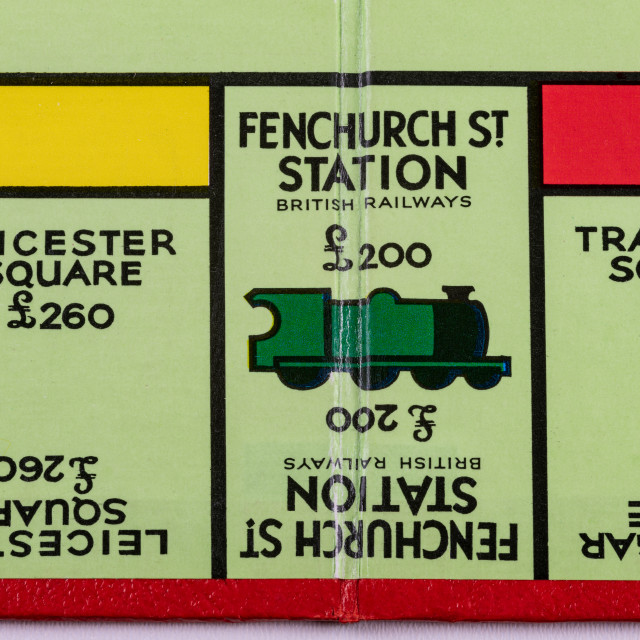 "The Fenchurch Street Station square on a UK Monopoly Board" stock image