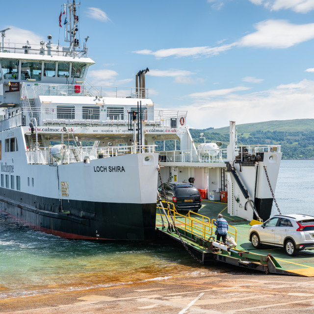 "Loading cars on to the Largs to Cumbrae Ferry at the Cumbrae Ferry Terminal, Cumbrae, Scotland" stock image