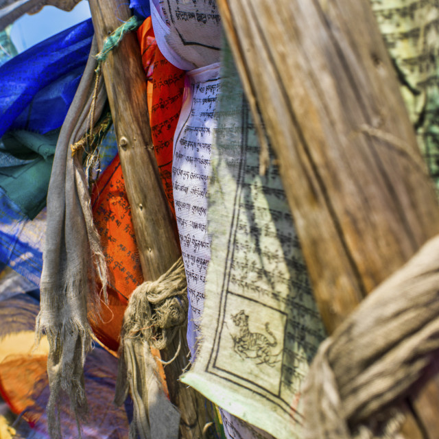 "COLORFUL BUDDHIST PRAYER FLAGS" stock image