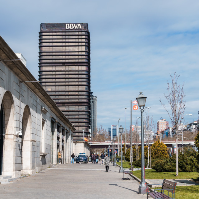 "BBVA Tower in Nuevos Ministerios area in Madrid" stock image