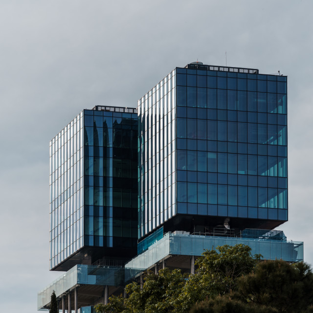 "Colon Towers under renovation in Plaza of Colon in Madrid" stock image