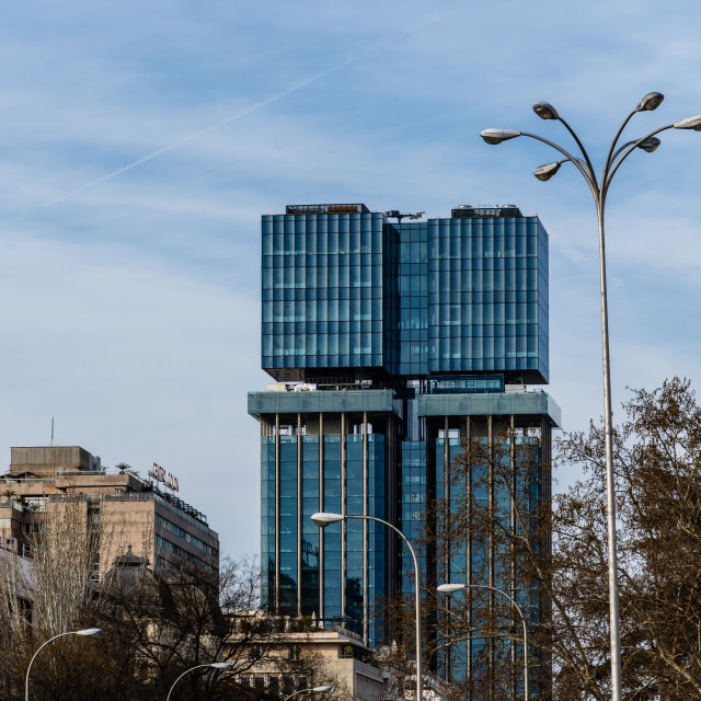 "Colon Towers under renovation in Plaza of Colon in Madrid" stock image