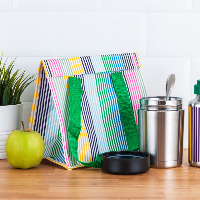 "Thermos sport bottle, canteen bottle and lunchbox thermo lunch bag isolated object on white background" stock image