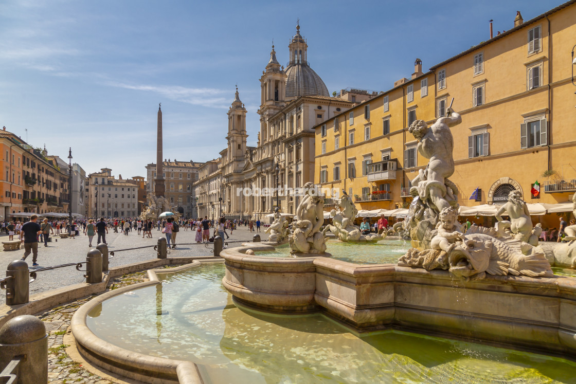 "View of the Neptune Fountain and colourful architecture in Piazza Navona,..." stock image