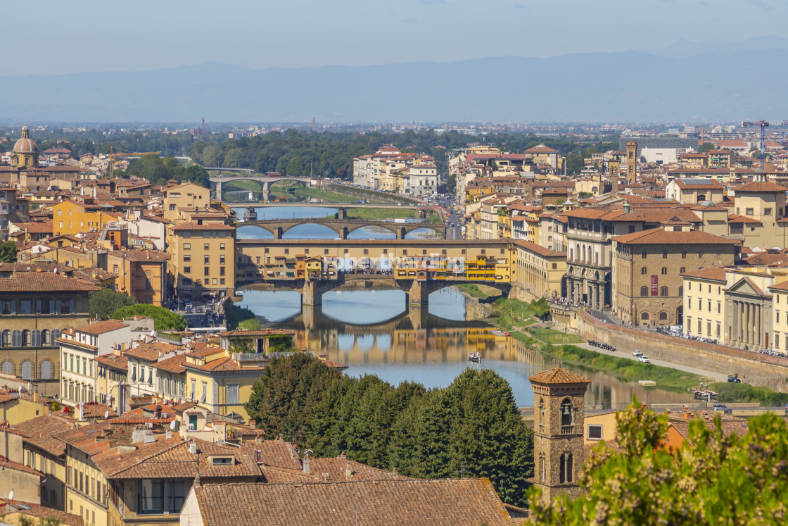 "View of River Arno and Ponte Vecchio seen from Piazzale Michelangelo Hill,..." stock image