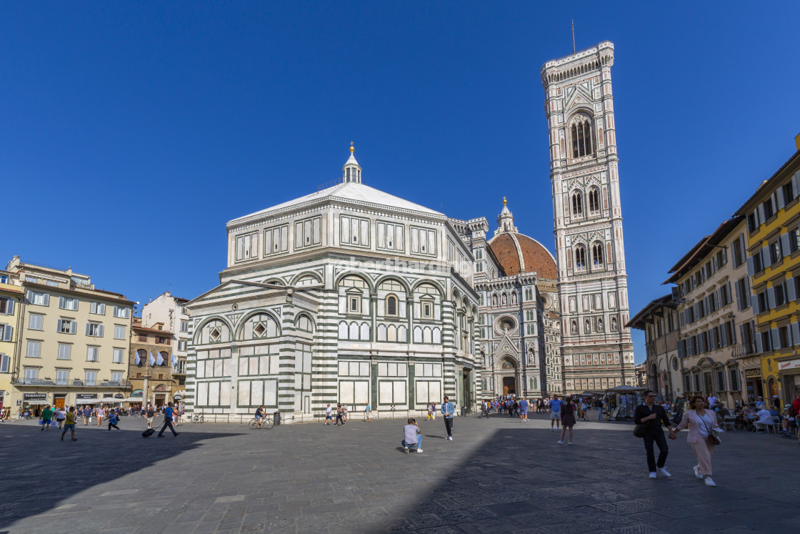 "View of the Baptistery and Campanile di Giotto, Piazza del Duomo, Florence..." stock image