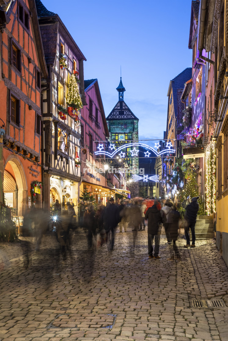 "Rue du General de Gaulle covered in Christmas decorations illuminated at..." stock image