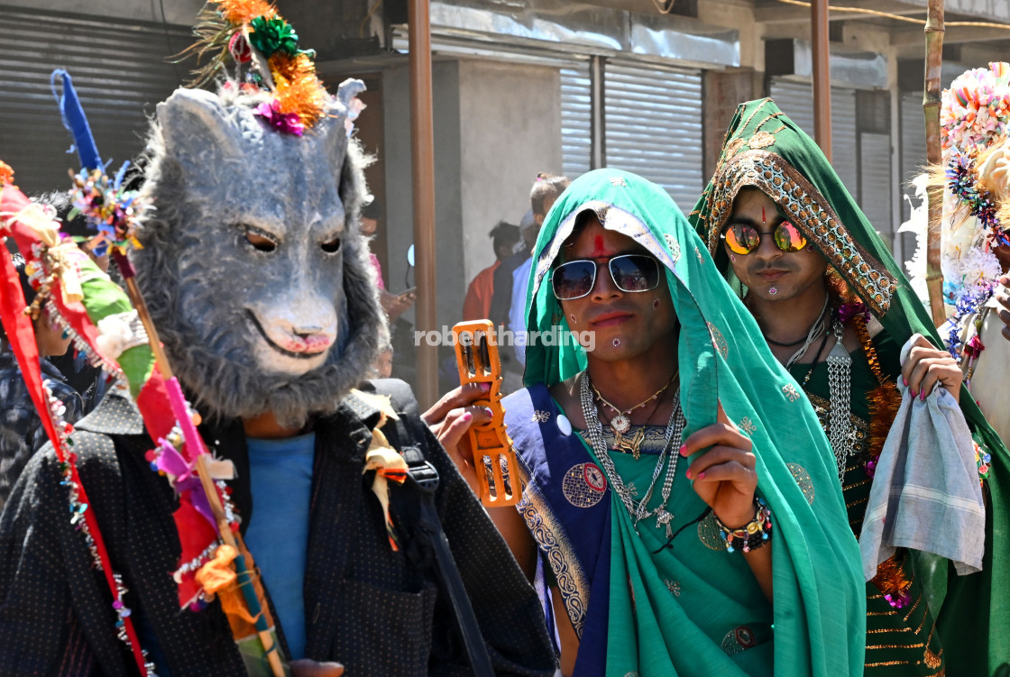 "Adavasi tribal men dressed as women and animals to celebrate Holi festival,..." stock image