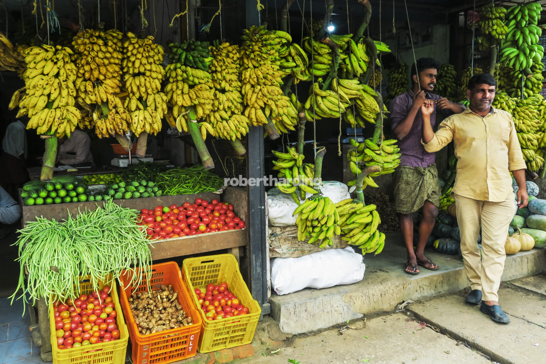 "Bananas, beans, tomatoes & others at fruit & veg shop on Main Rd in this..." by robertharding - $62.60 "Bananas, beans, tomatoes & others at fruit & veg shop on Main Rd in this..." stock image