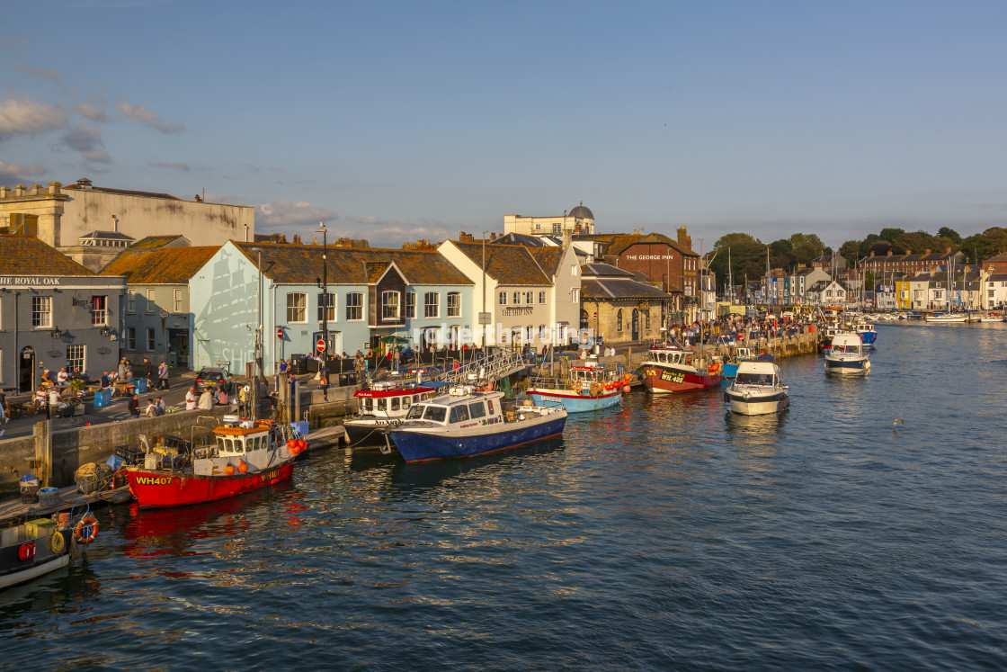 "View of boats in the Old Harbour and quayside houses at sunset, Weymouth,..." by robertharding - $62.60 "View of boats in the Old Harbour and quayside houses at sunset, Weymouth,..." stock image