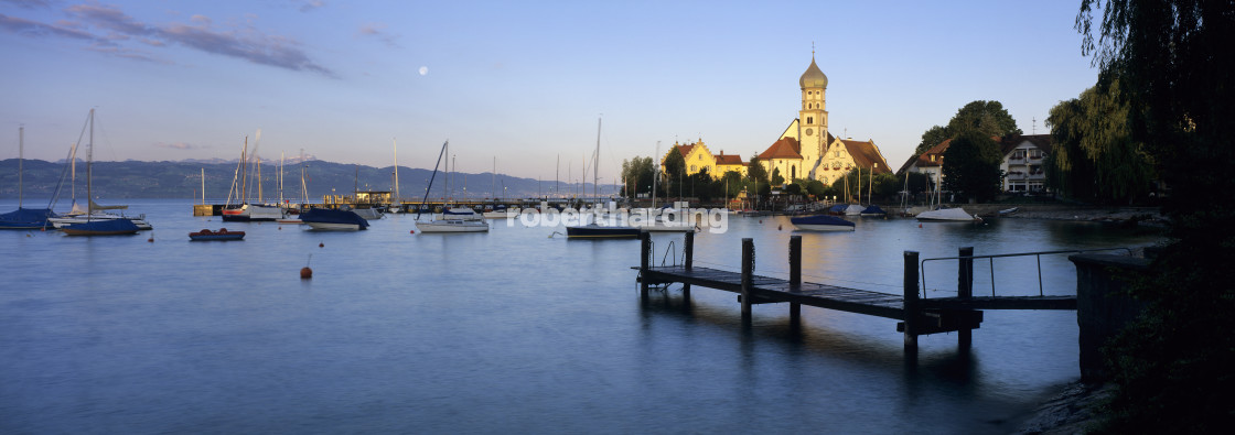 "Church of Saint George on Lake Constance at sunrise, Wasserburg am Bodensee,..." stock image