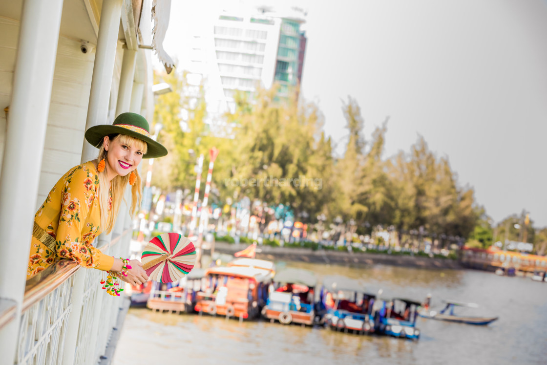 "American women tourists aboard the Mekong Princess, as it sails down the..." by robertharding - $62.60 "American women tourists aboard the Mekong Princess, as it sails down the..." stock image