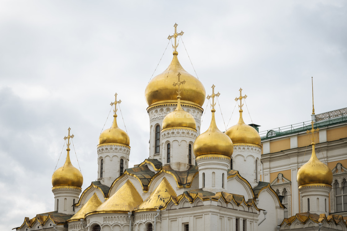 "Steeples of Annunciation Cathedral, The Kremlin, Moscow, Moscow Oblast, Russia" stock image