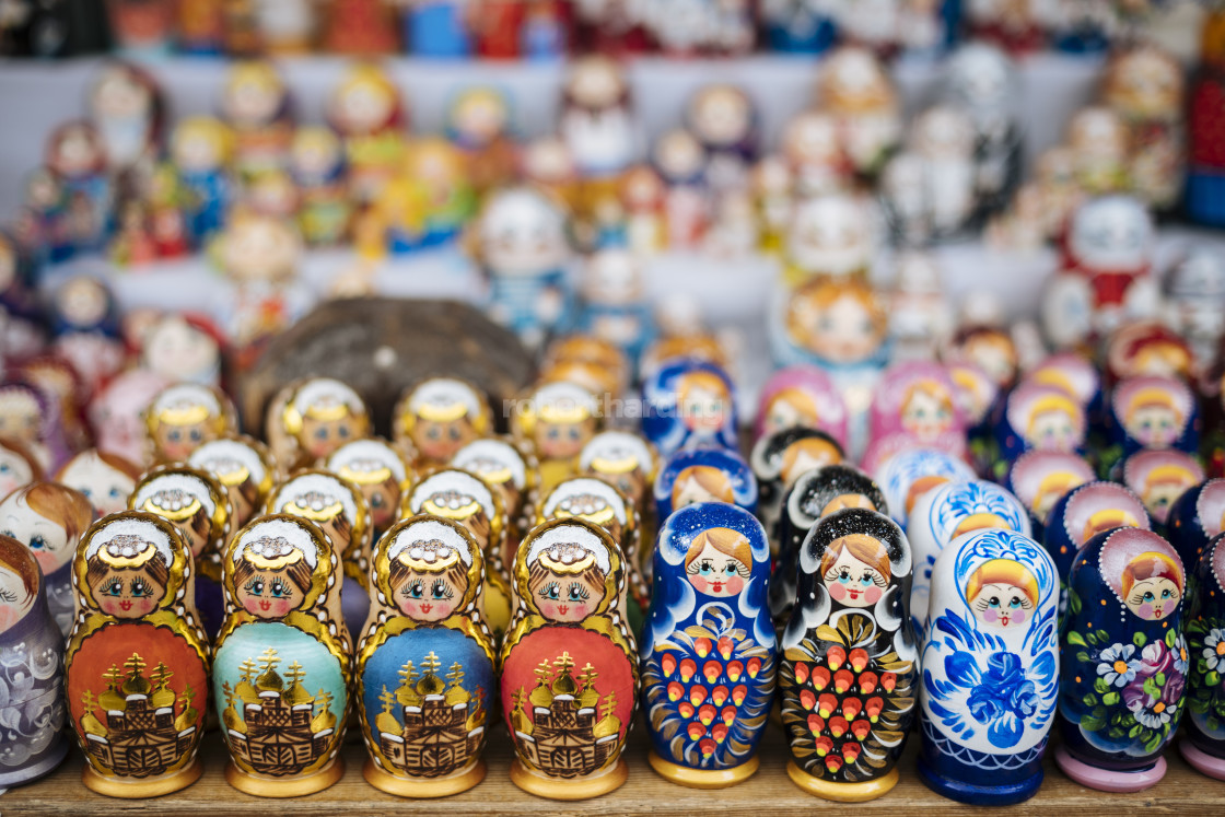 "Matryoshka Dolls for sale in Izmaylovskiy Bazar, Moscow, Moscow Oblast, Russia" stock image