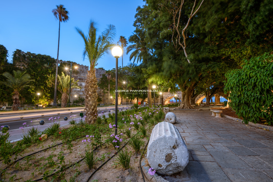 "The Avenue of Palm trees and Castle in Kos island Greece" stock image