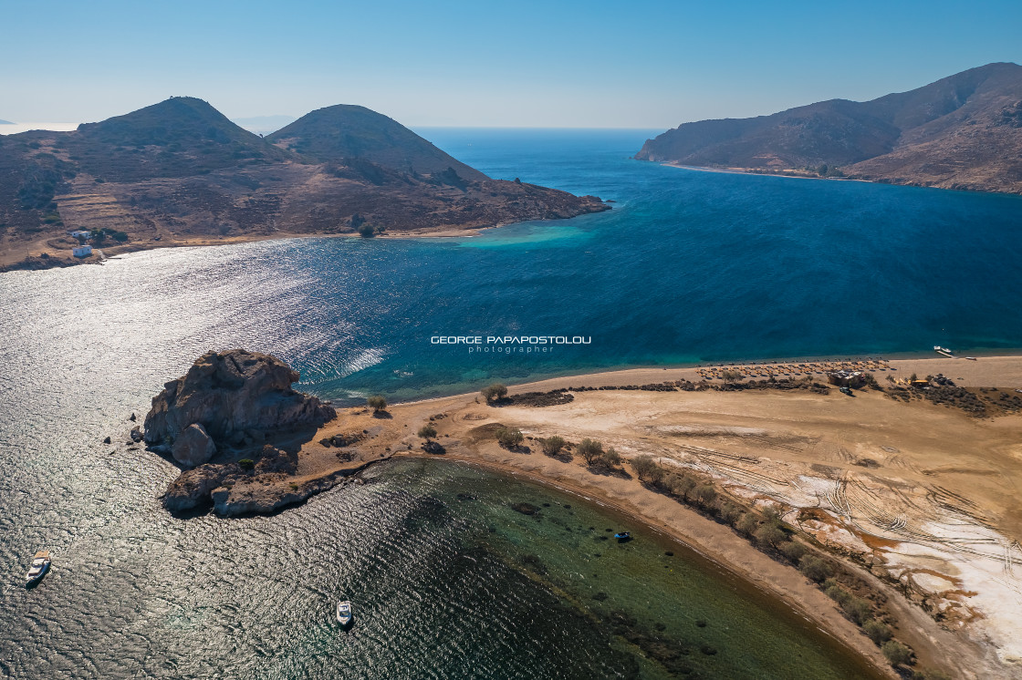 "Rock of Kalikatsou & Petra beach in Patmos island" stock image