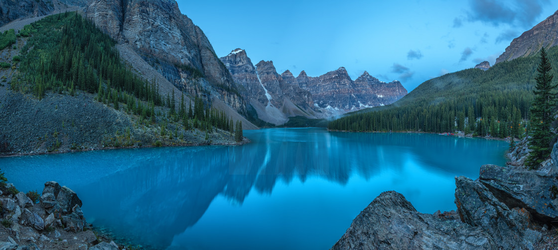 "Moraine Lake Morning Panorama" stock image