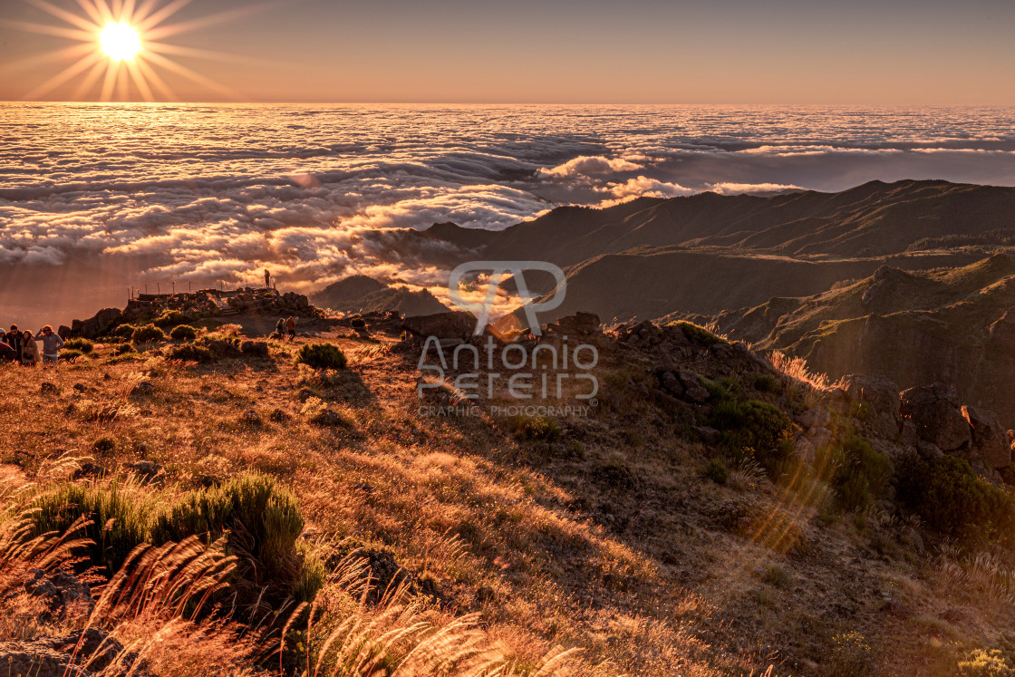 "Pico do Arieiro mountain peak at sunrise, Madeira Island, Portugal" stock image