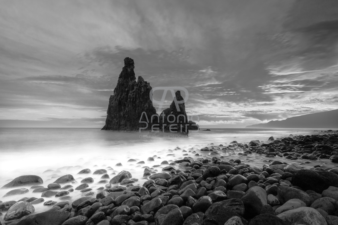 "Islets of Ribeira da Janela at sunrise, Madeira Island, Portugal." stock image