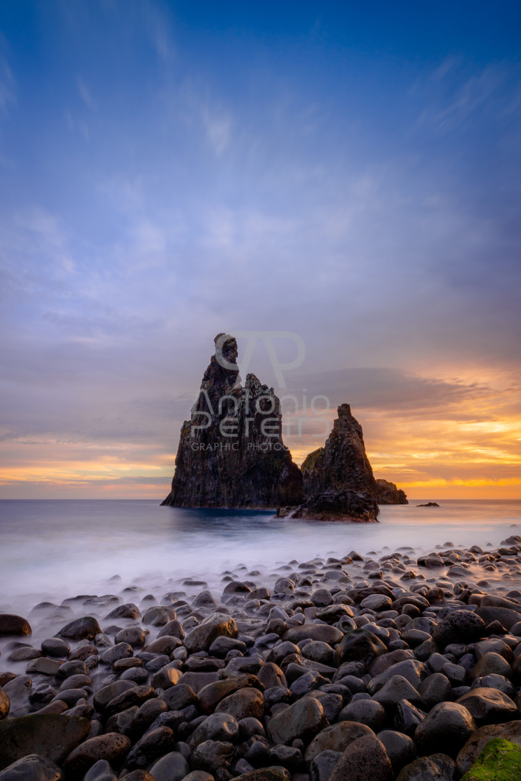 "Islets of Ribeira da Janela at sunrise, Madeira Island, Portugal." stock image