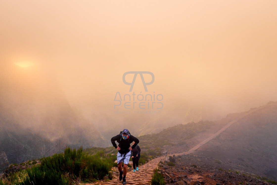 "Pico do Arieiro mountain peak at sunset with fog, Madeira Island, Portugal." stock image