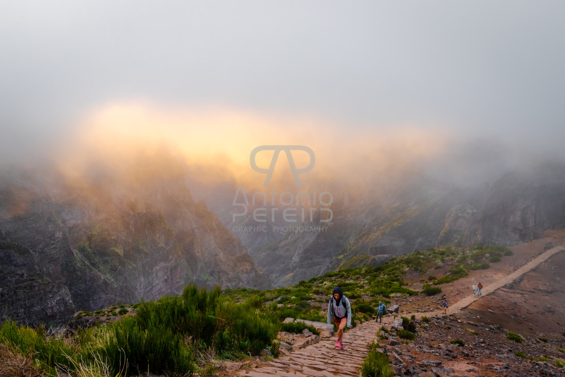 "Pico do Arieiro mountain peak at sunset with fog, Madeira Island, Portugal." stock image