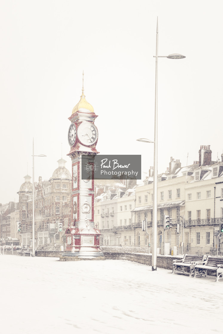 "Weymouth Jubilee Clock covered in Snow" stock image