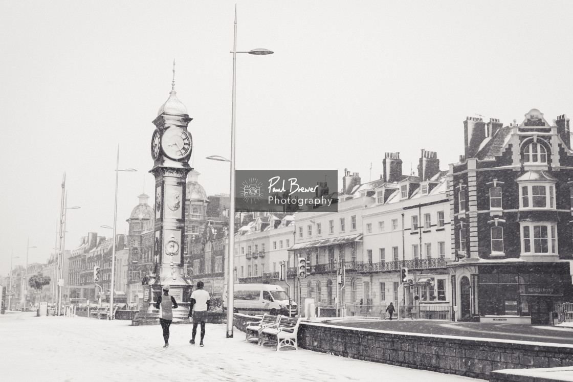 "Weymouth Jubilee Clock covered in Snow" stock image