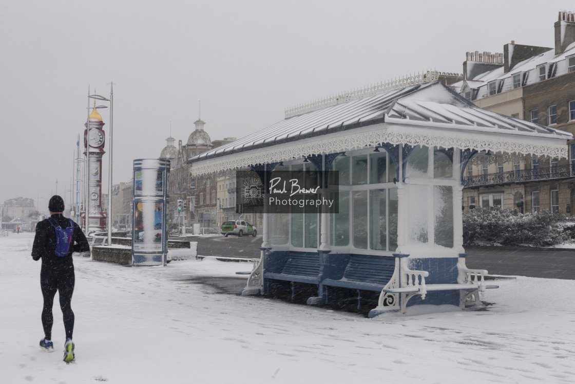 "Weymouth Jubilee Clock covered in Snow" stock image