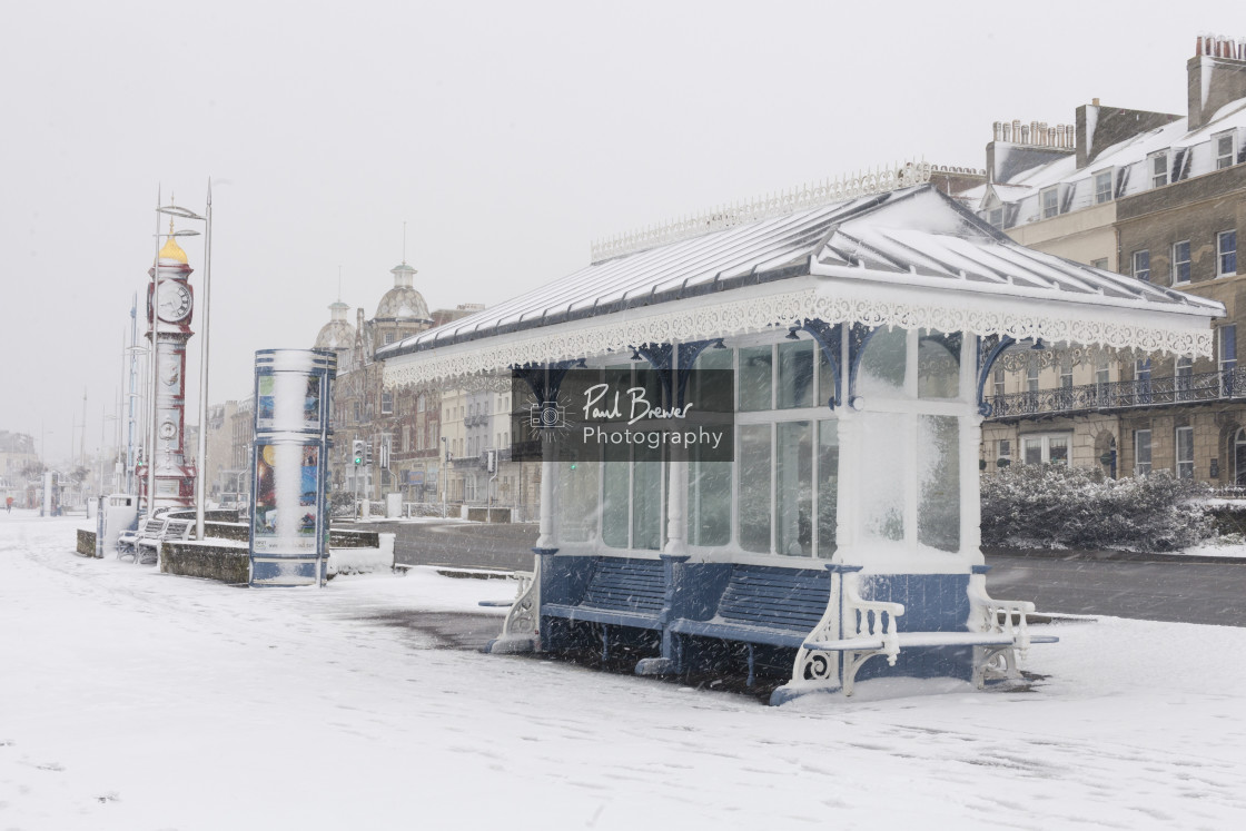 "Weymouth Jubilee Clock covered in Snow" stock image