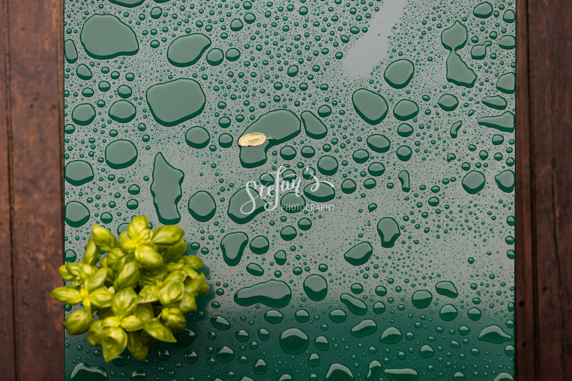 "Green table with rain puddles" by Stefan Schweihofer - £10.00 "Green table with rain puddles" stock image