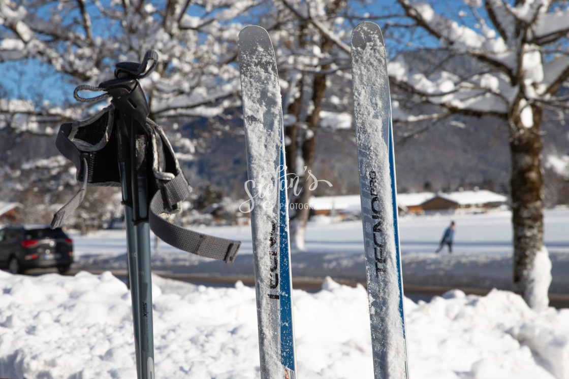 "Cross-country skiing set in front of a snowy landscape" by Stefan Schweihofer - £10.00 "Cross-country skiing set in front of a snowy landscape" stock image