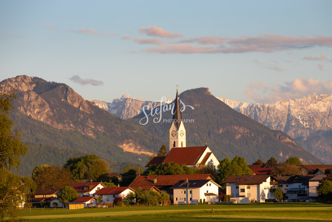 "Village in Bavaria in front of the Alpine chain" by Stefan Schweihofer - £10.00 "Village in Bavaria in front of the Alpine chain" stock image