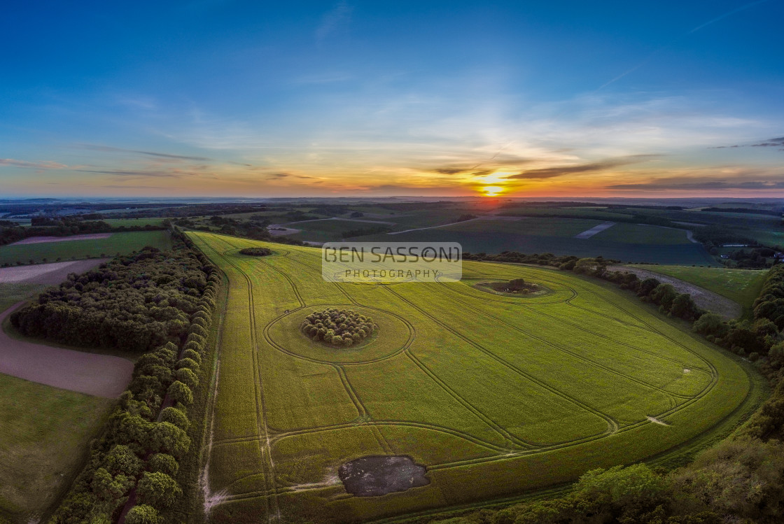 "Sunset over Crop Circle, Chute Causeway, Wiltshire, UK" stock image