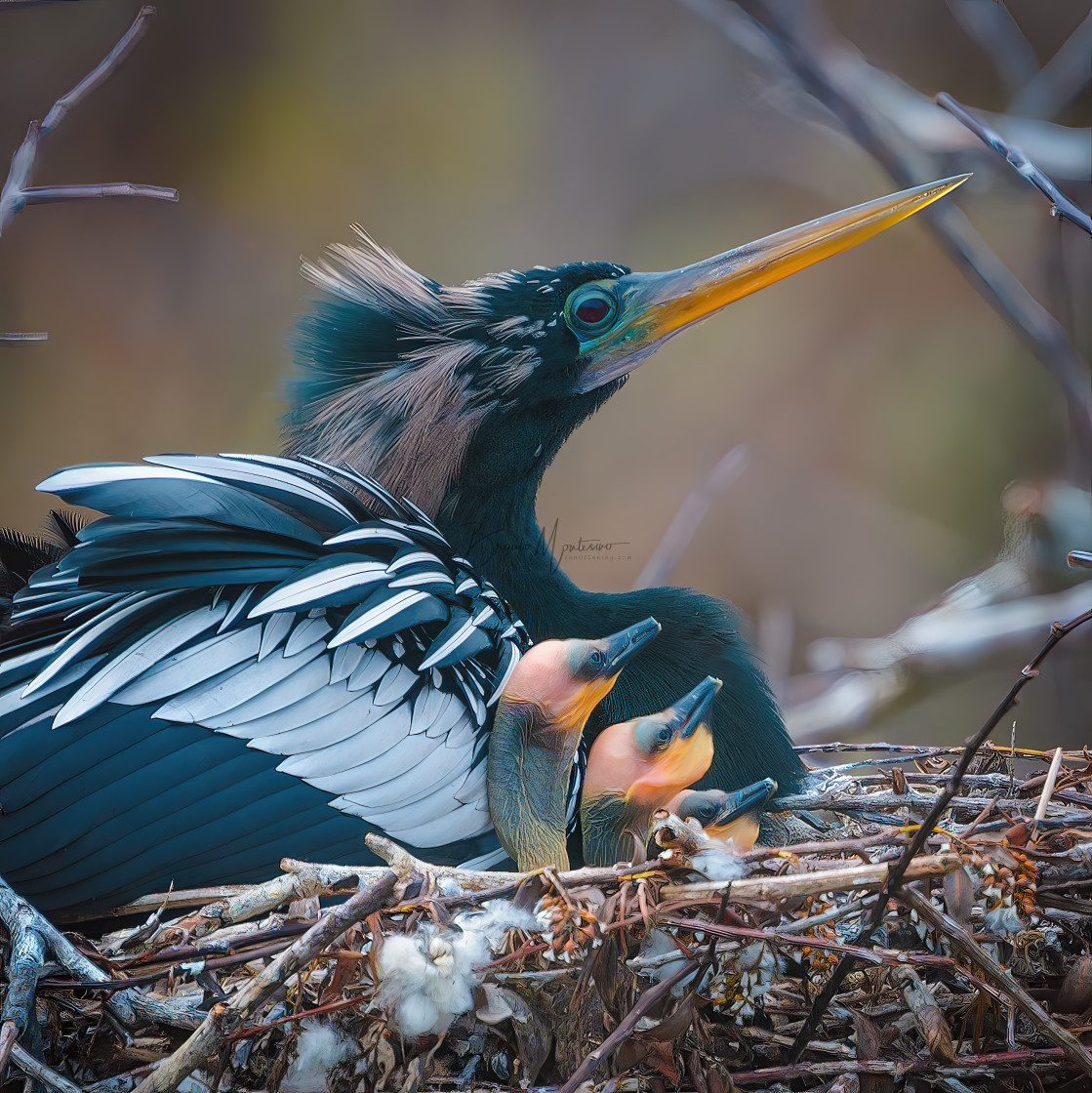 "Anhinga with chicks" stock image