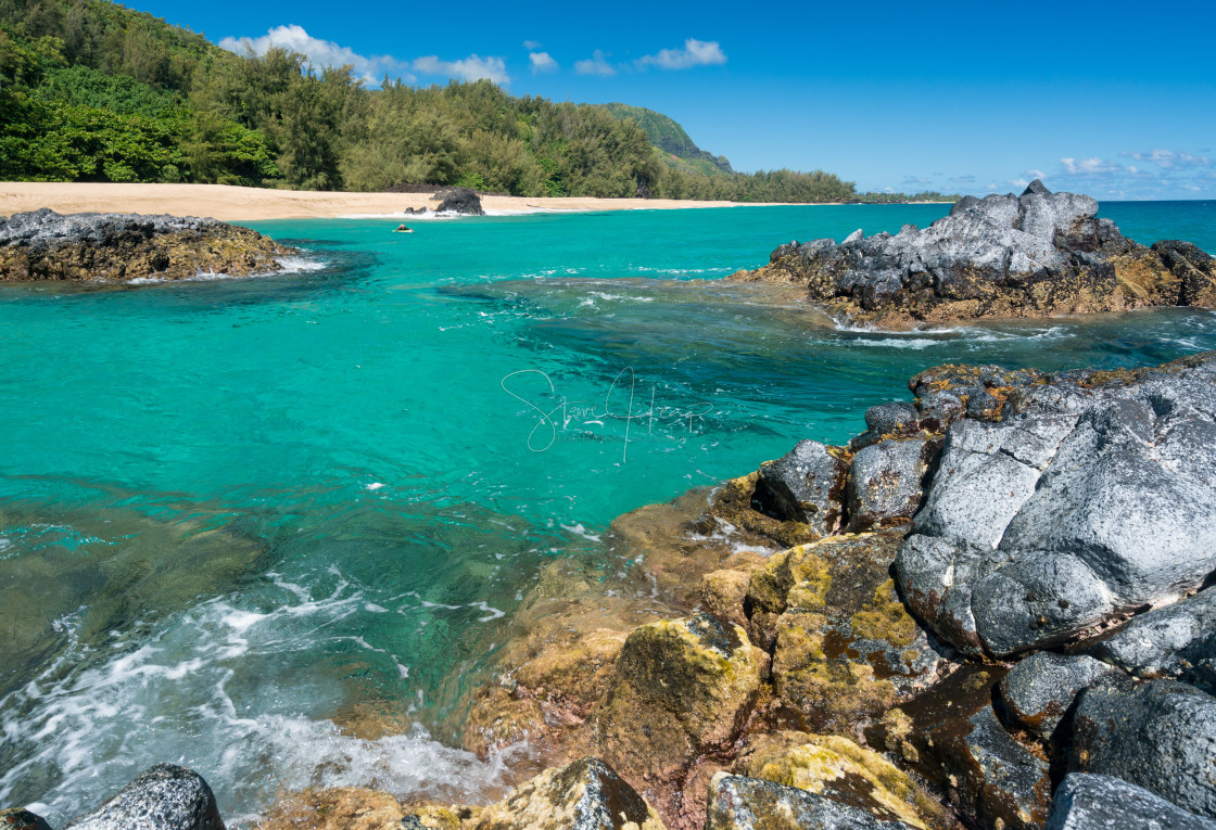 "Lumahai Beach Kauai with rocks and surfer" by Steve Heap - $8.21 "Lumahai Beach Kauai with rocks and surfer" stock image